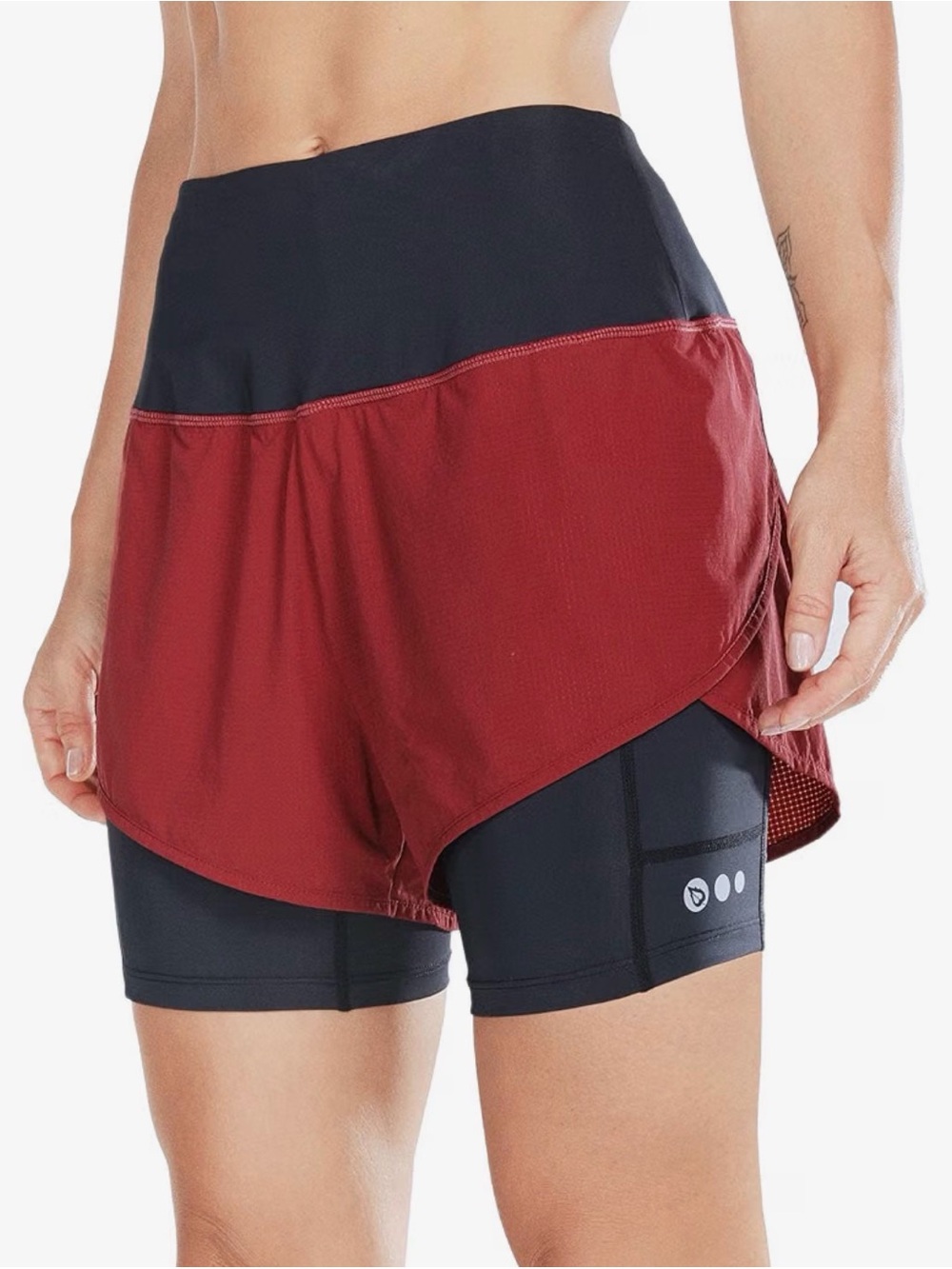 Discontinued Baleaf Women's Large Two-in-One Active Shorts with Burgundy Overlay
